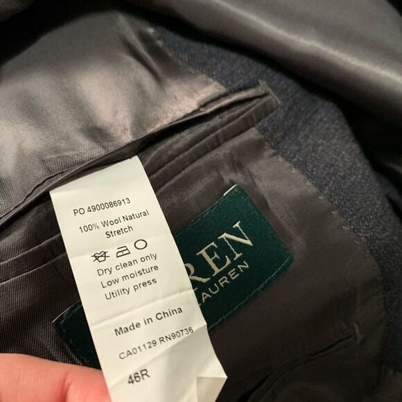 Lauren Ralph Lauren Mens Black Blue Sports Wool Blazer Size 46R Jacket 2‎ Button - Picture 3 of 9
